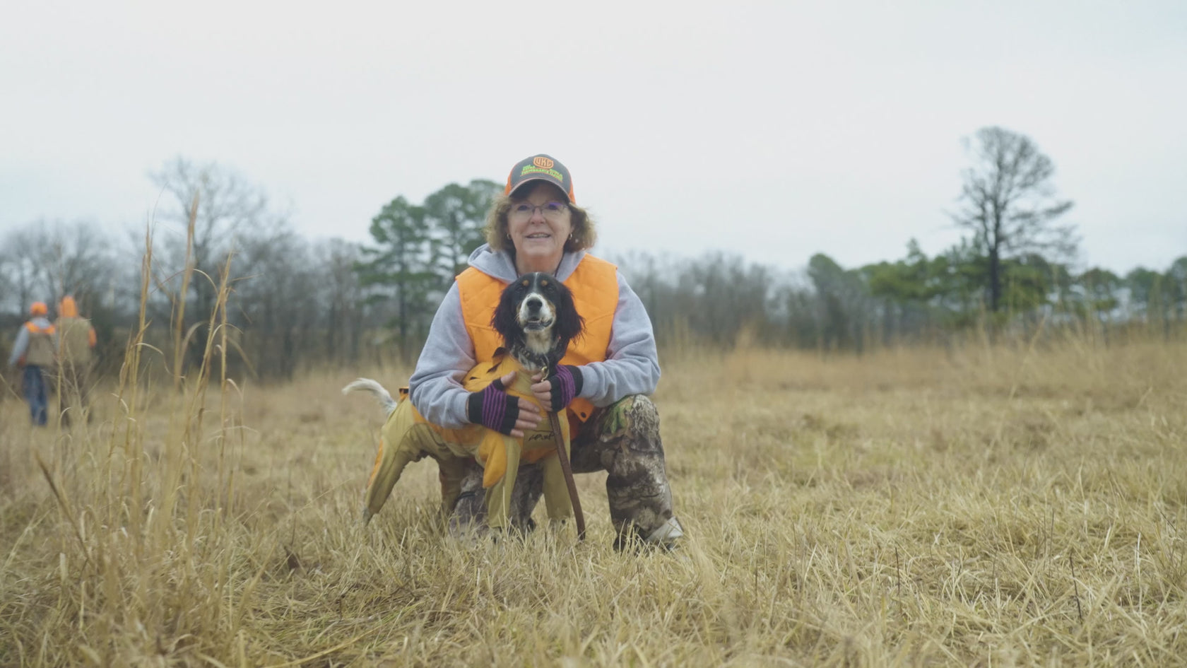dog in wearing blaze orange field skin protective dog suit